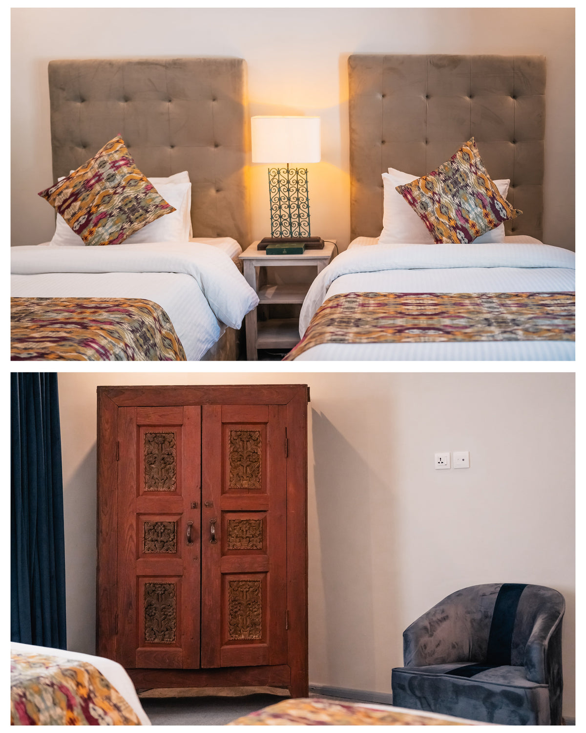 Twin beds and carved wooden furniture at Offto Resort Karimabad