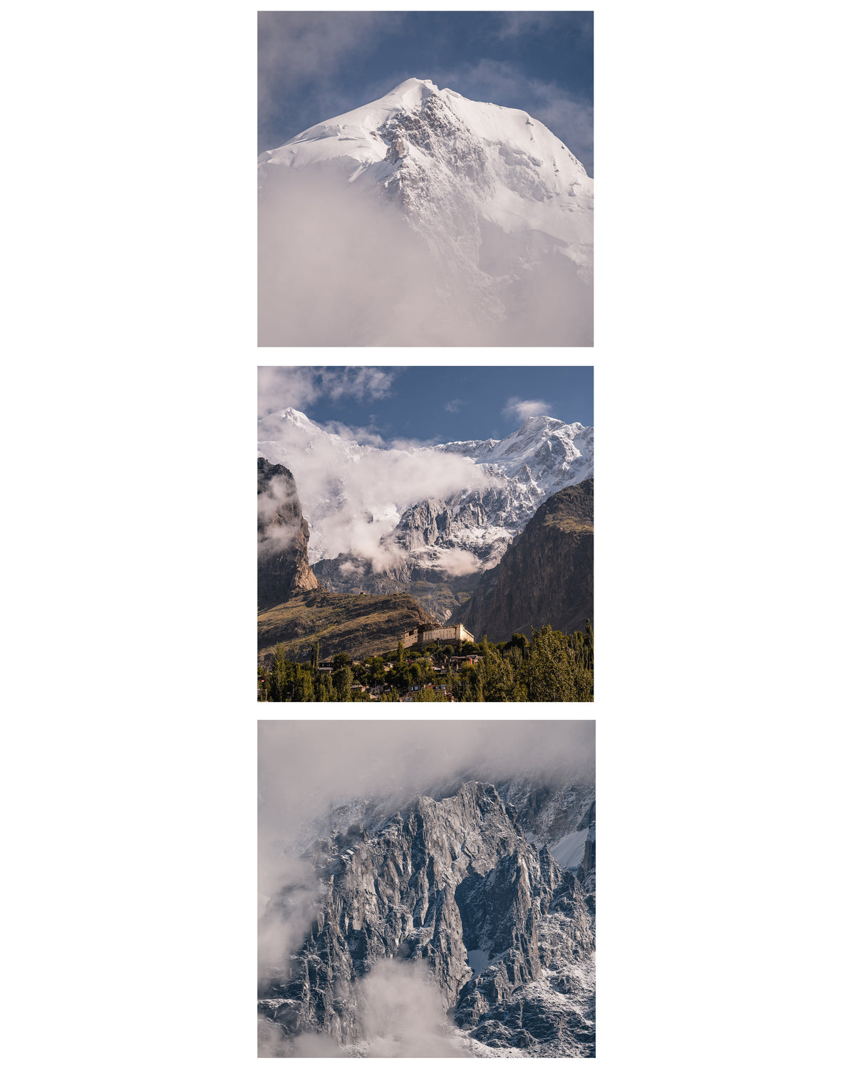 Photo collage of snow-covered mountains and Baltit Fort in Karimabad, Hunza