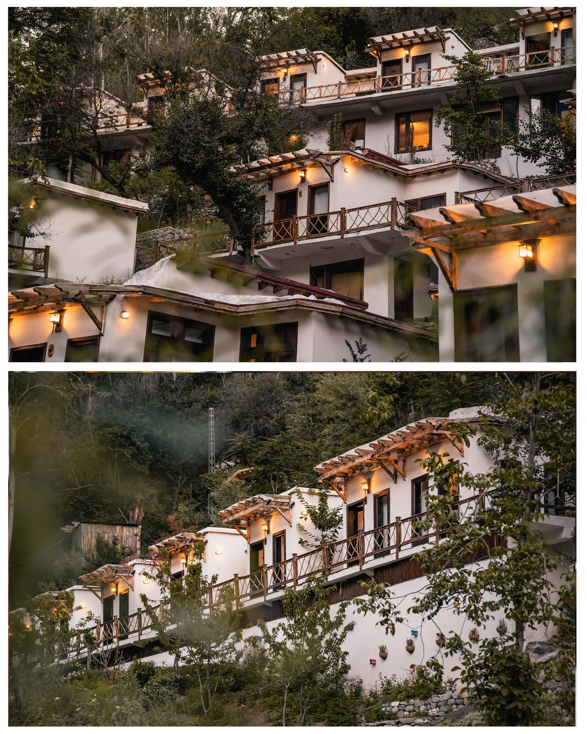 Terraced accommodation buildings among trees at Offto Resort Karimabad
